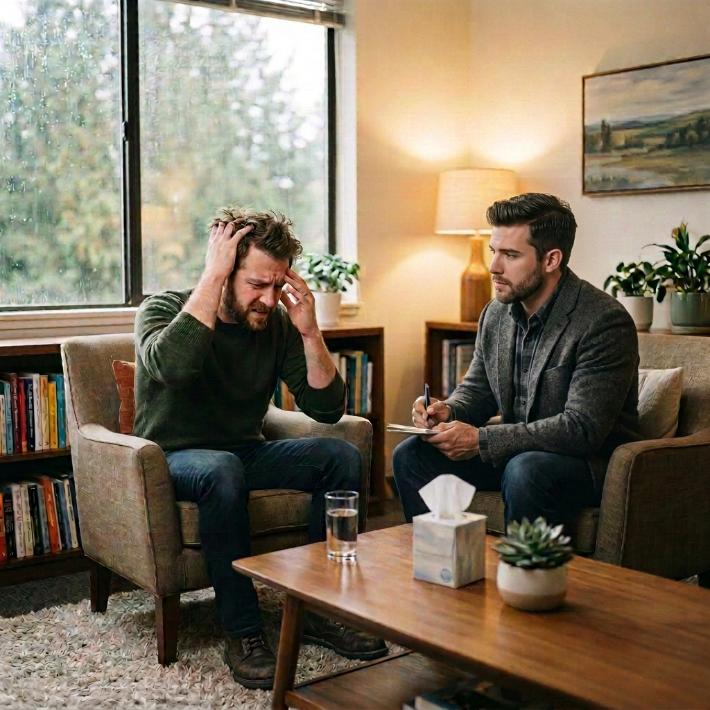 Two people talking in a counseling room, with one taking notes